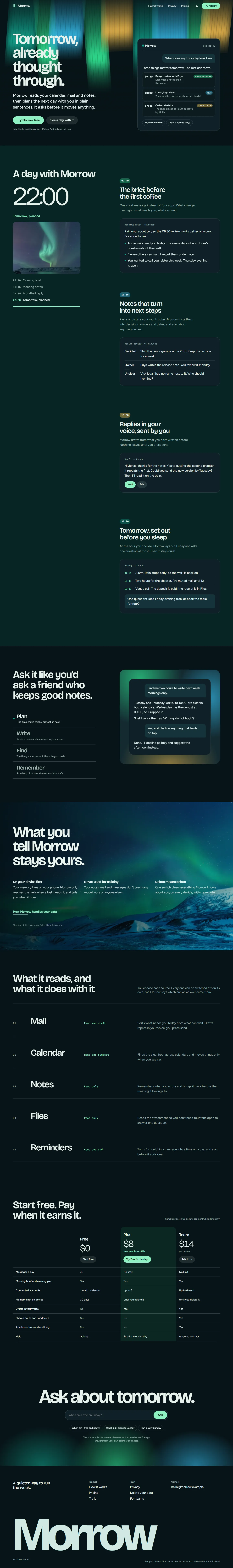 Morrow home page, dark theme, at 1440 pixels wide
