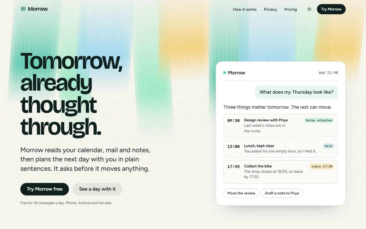 Morrow home page, light theme