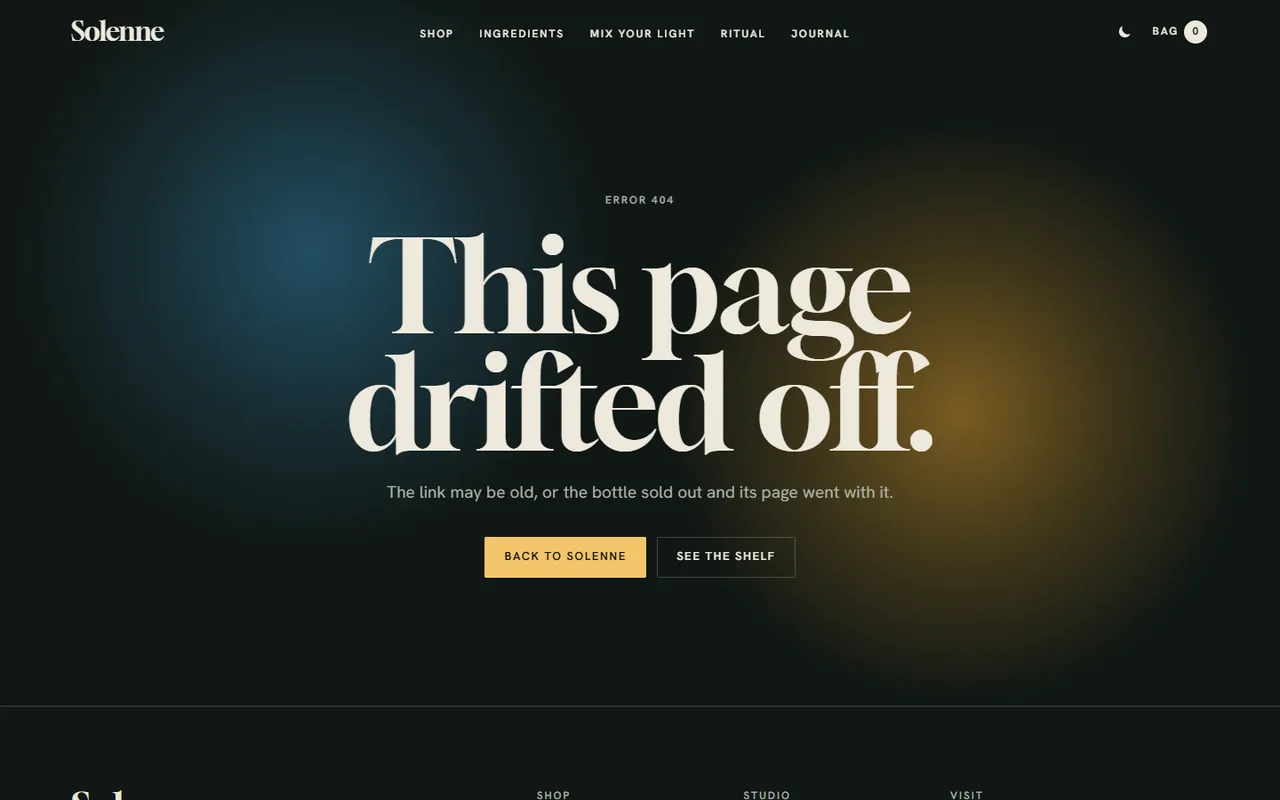 Solenne: 404 page, dark theme