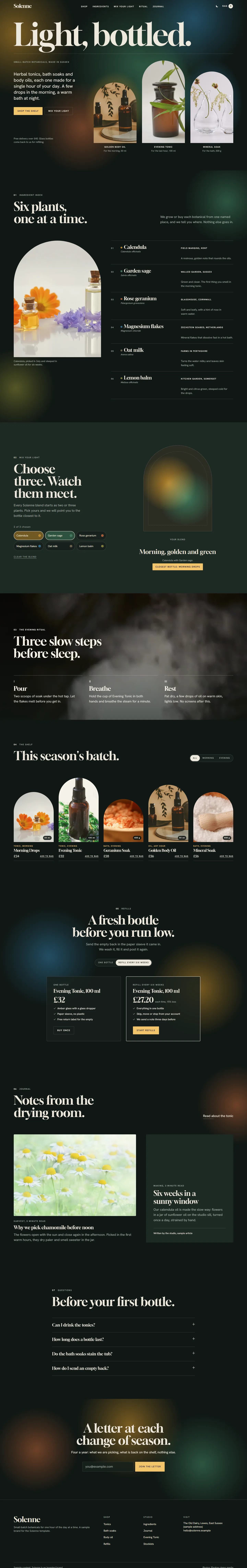 Solenne home page, dark theme, at 1440 pixels wide