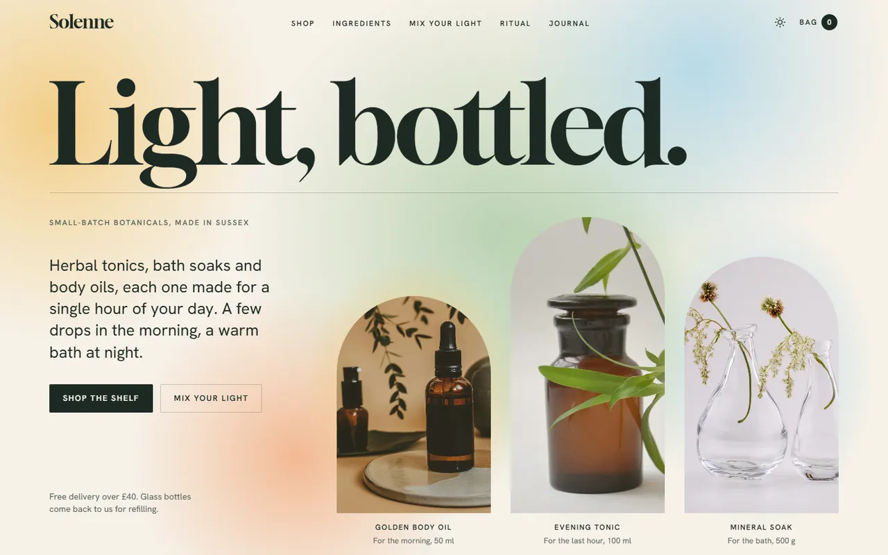 Solenne home page, light theme