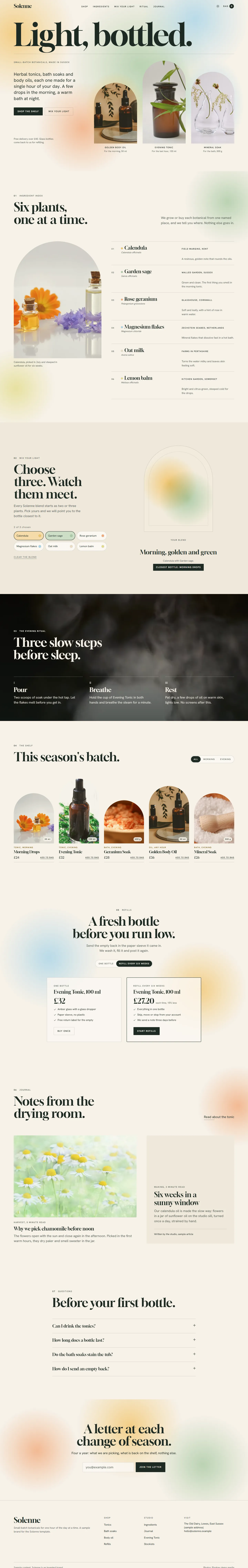 Solenne home page, light theme, at 1440 pixels wide