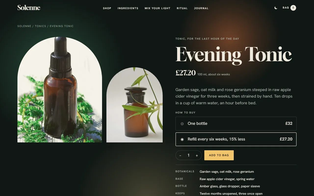 Solenne: product page, dark theme