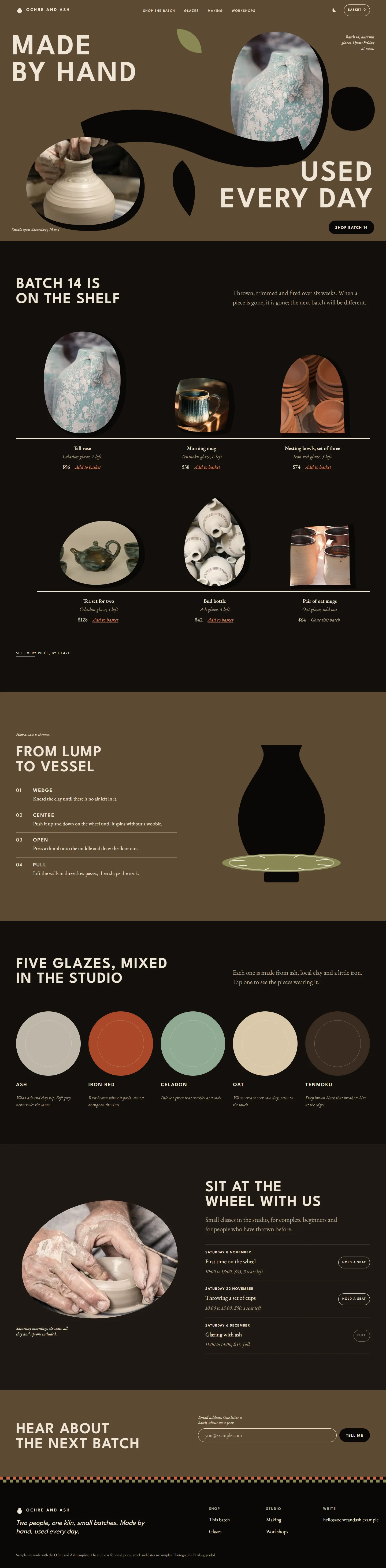 Ochre and Ash home page, dark theme, at 1440 pixels wide