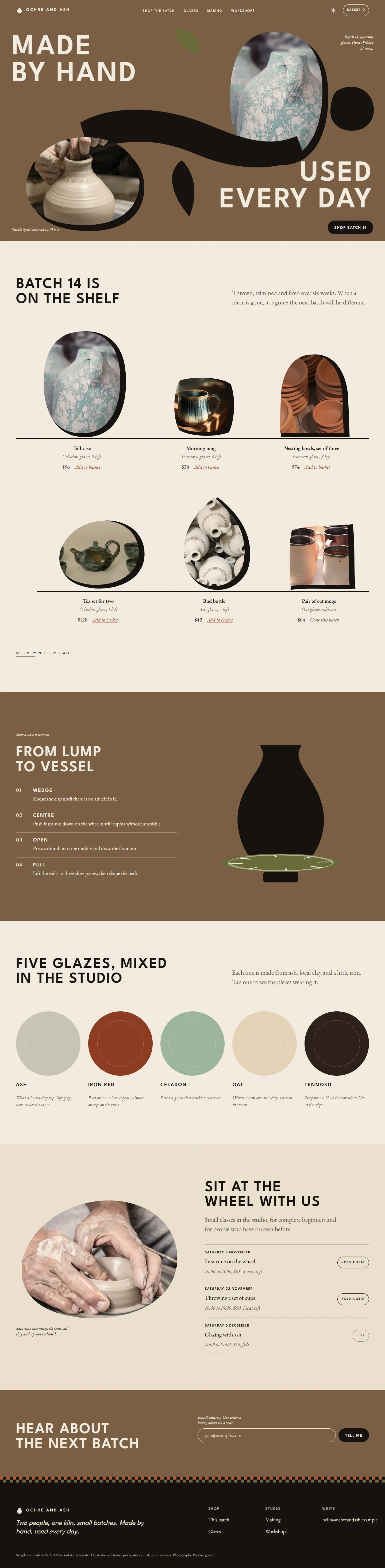 Ochre and Ash home page, light theme, at 1440 pixels wide