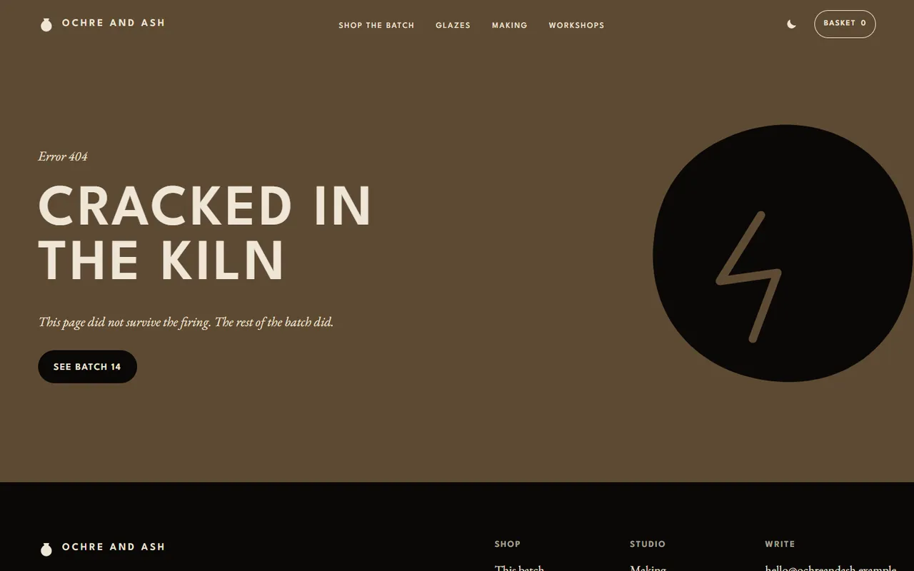 Ochre and Ash: 404 page, dark theme