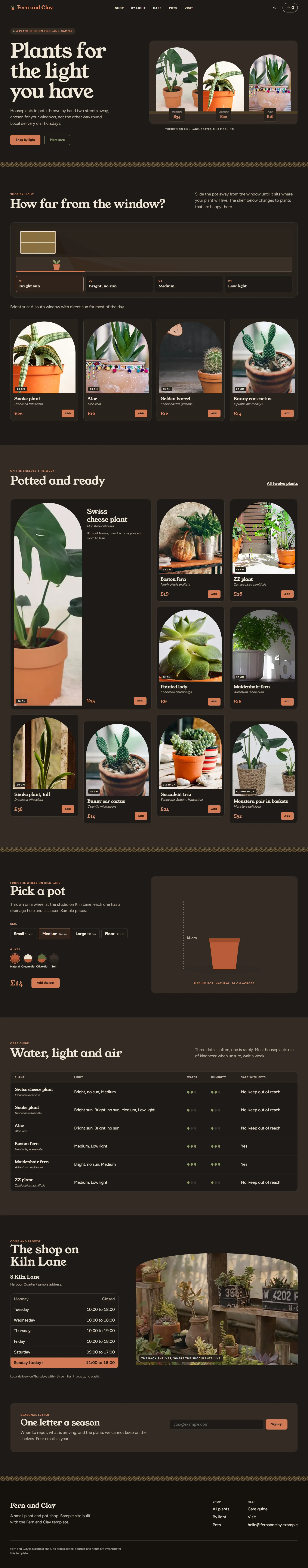 Fern and Clay home page, dark theme, at 1440 pixels wide