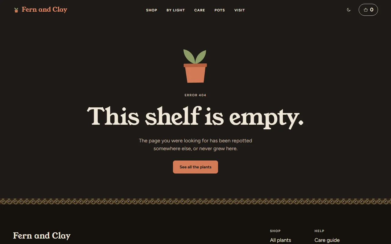 Fern and Clay: 404 page, dark theme