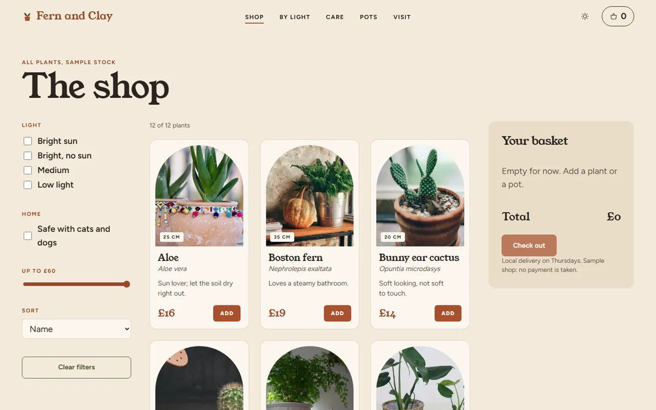 Fern and Clay: shop page