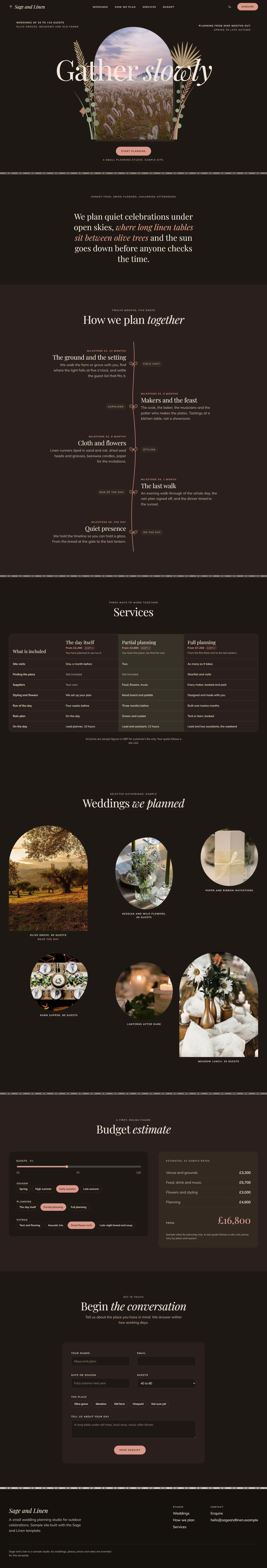 Sage and Linen home page, dark theme, at 1440 pixels wide