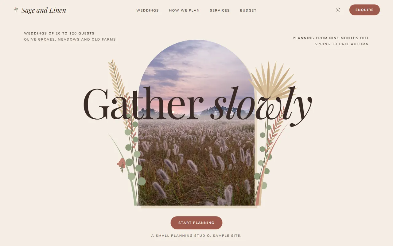 Sage and Linen home page, light theme