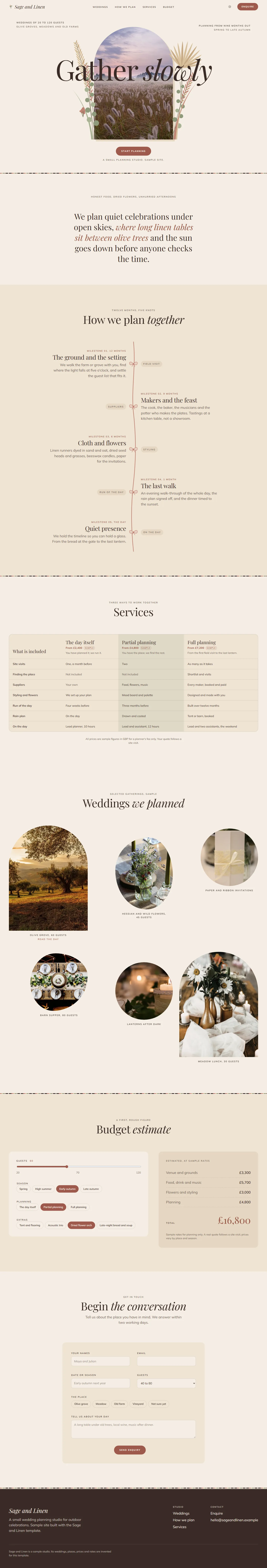 Sage and Linen home page, light theme, at 1440 pixels wide