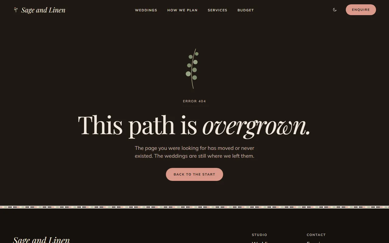 Sage and Linen: 404 page, dark theme