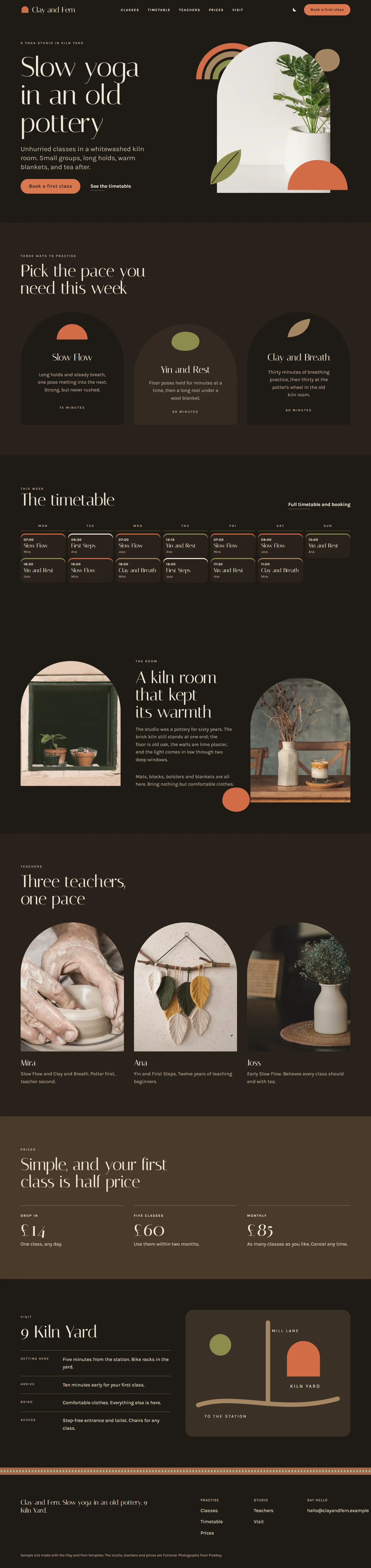 Clay and Fern home page, dark theme, at 1440 pixels wide