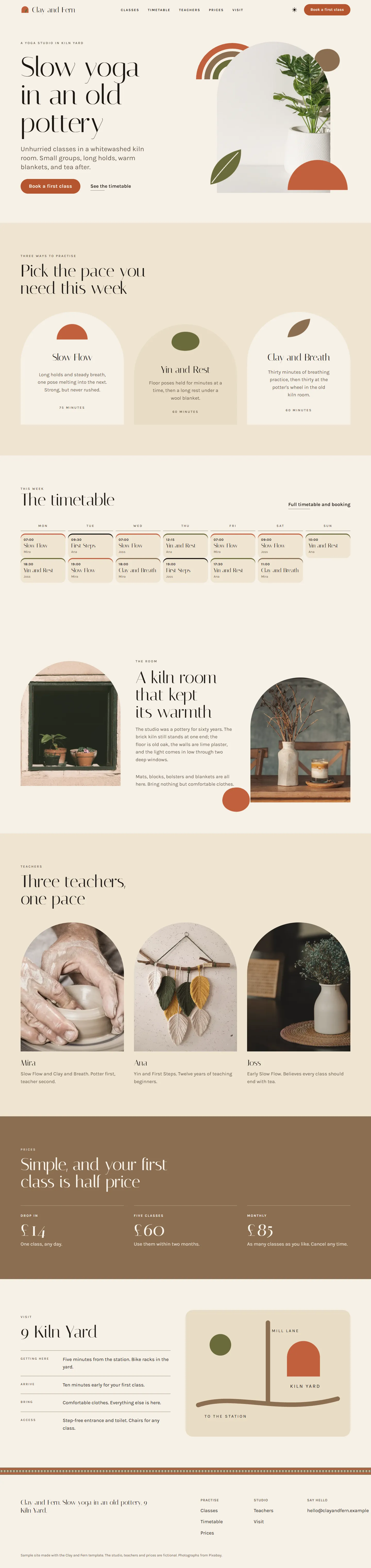 Clay and Fern home page, light theme, at 1440 pixels wide