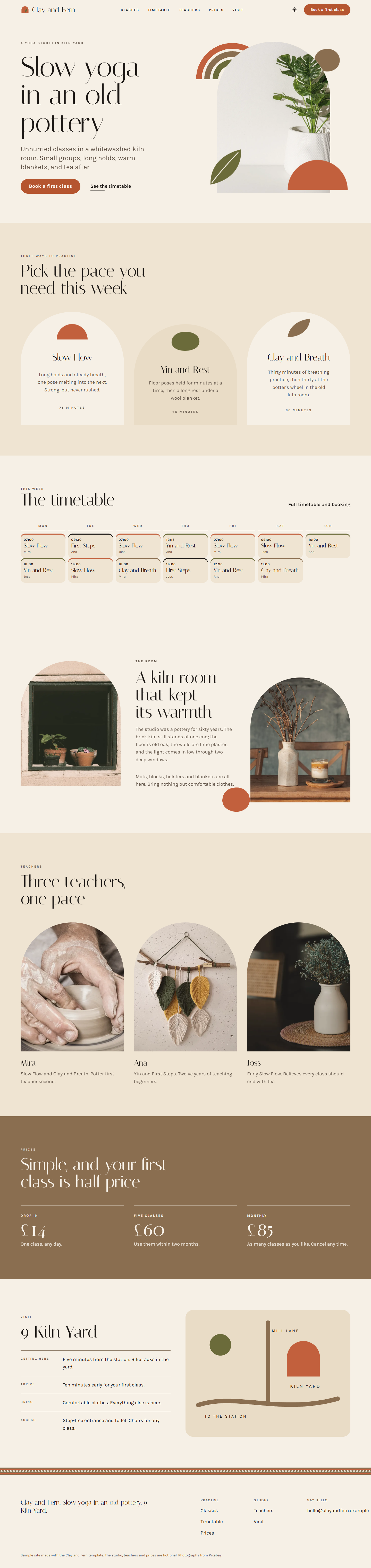 Clay and Fern home page, light theme