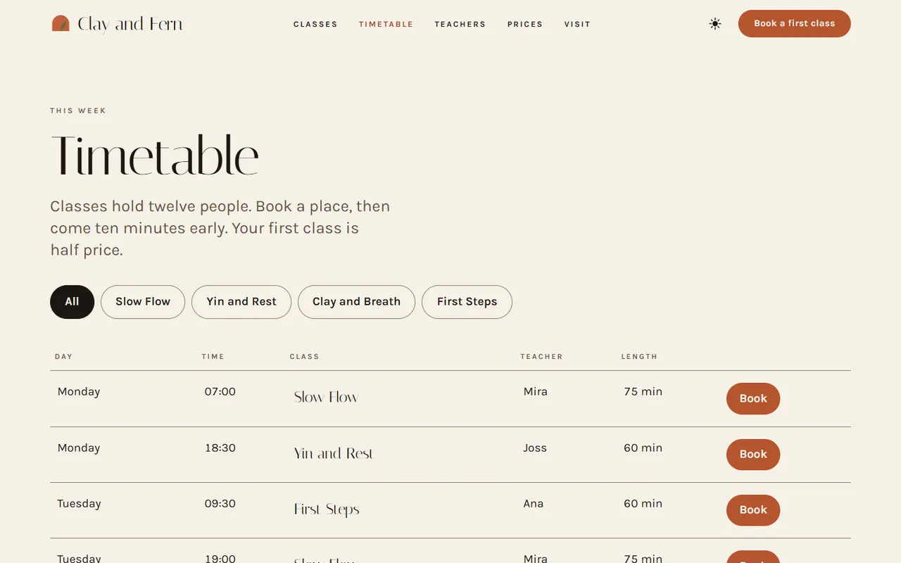 Clay and Fern: timetable page