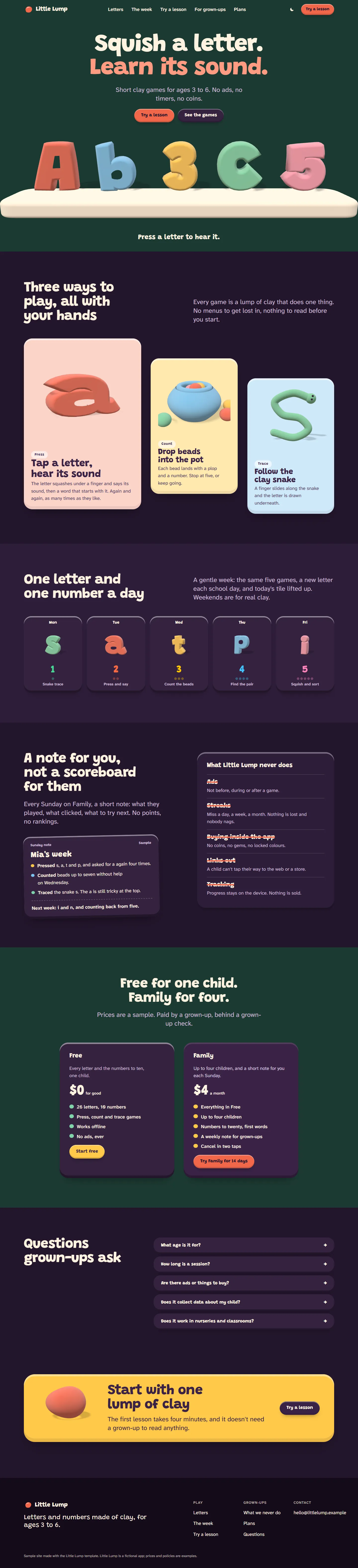 Little Lump home page, dark theme, at 1440 pixels wide