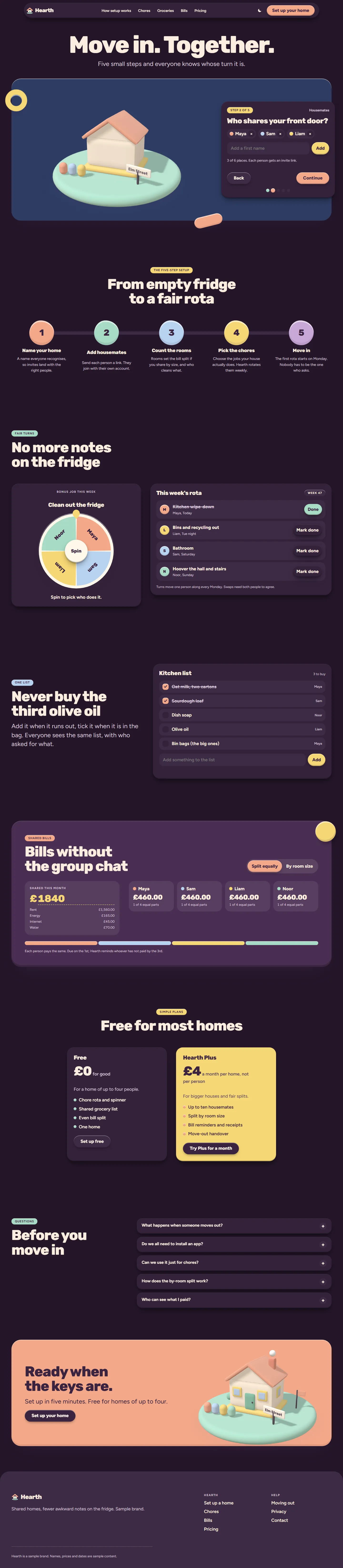 Hearth home page, dark theme, at 1440 pixels wide