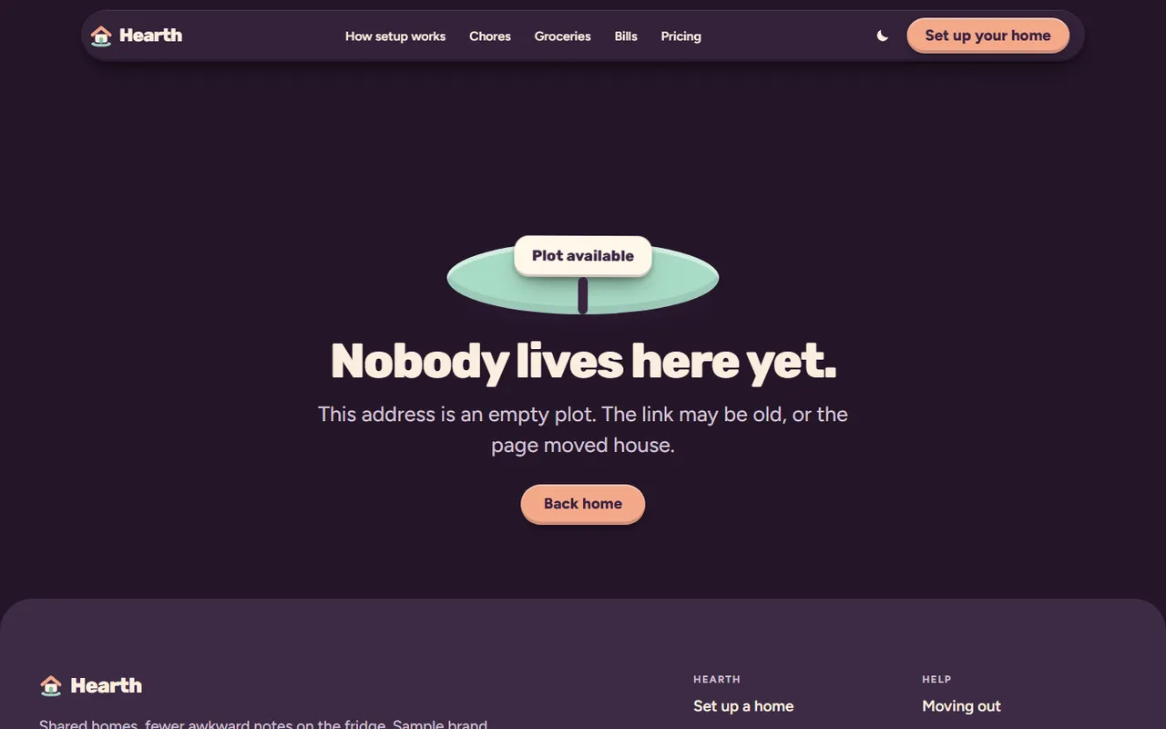 Hearth: 404 page, dark theme