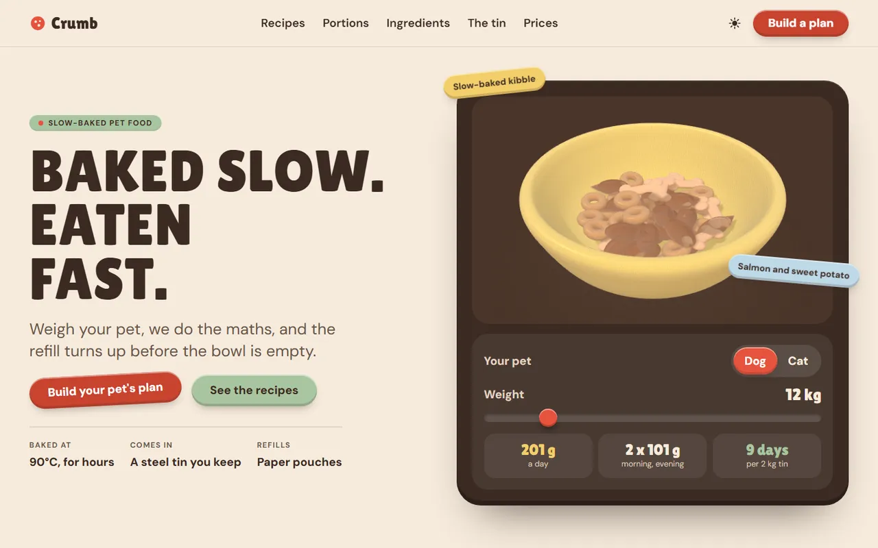 Crumb home page, light theme