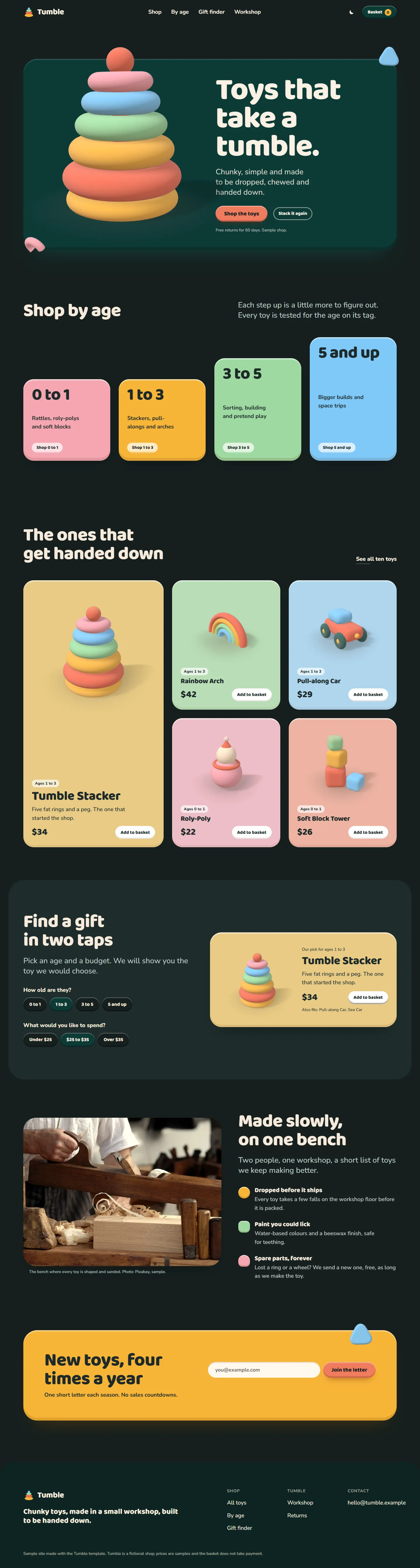 Tumble home page, dark theme, at 1440 pixels wide