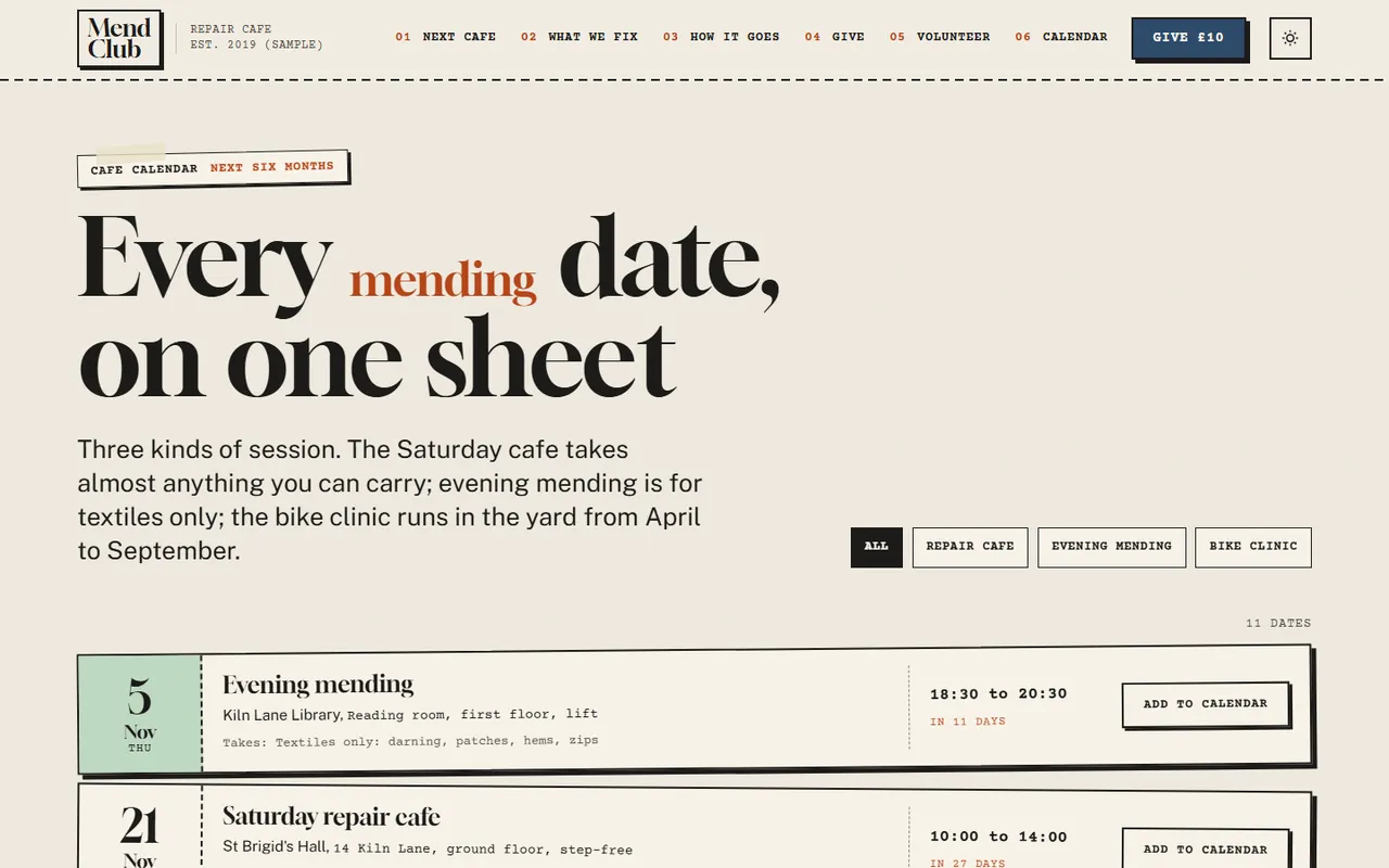 Mend: cafes page