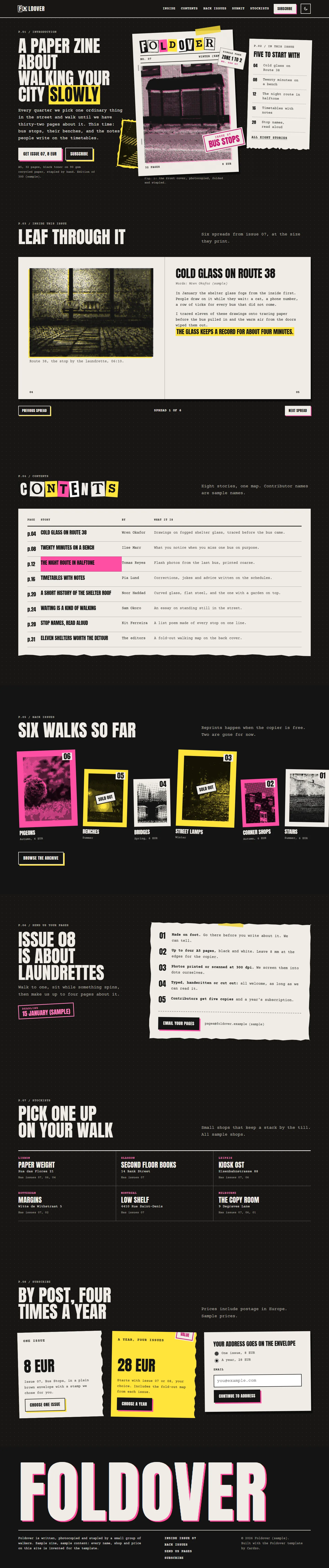 Foldover home page, dark theme, at 1440 pixels wide