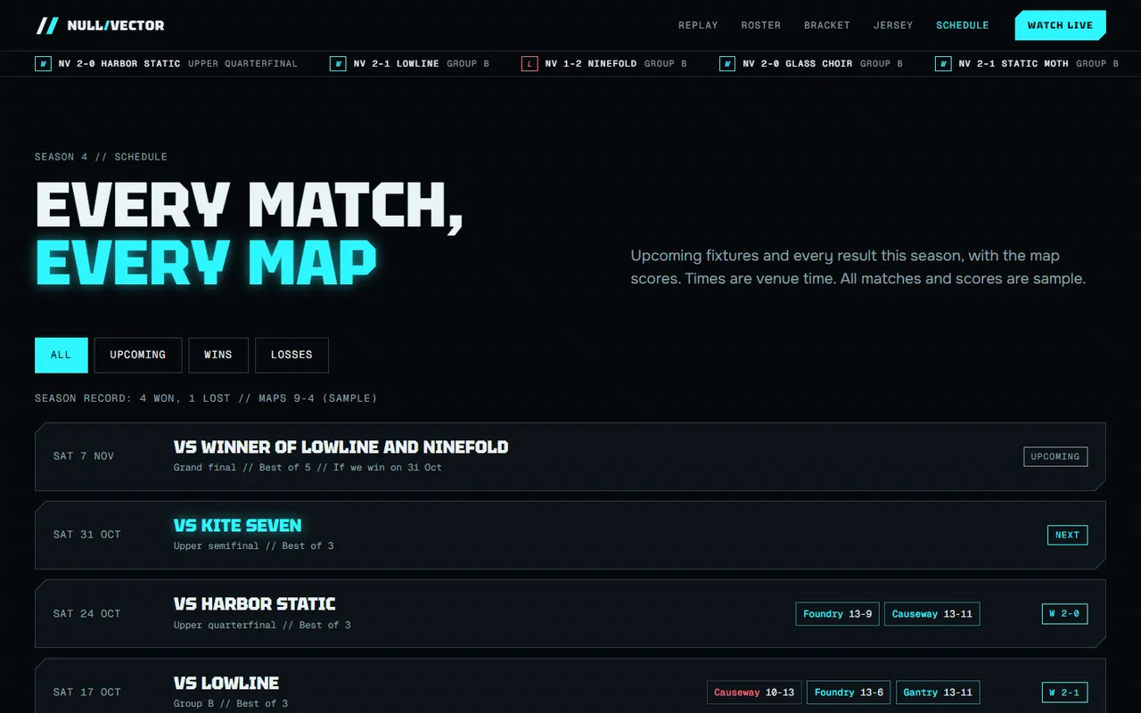 Null Vector: schedule page, dark theme