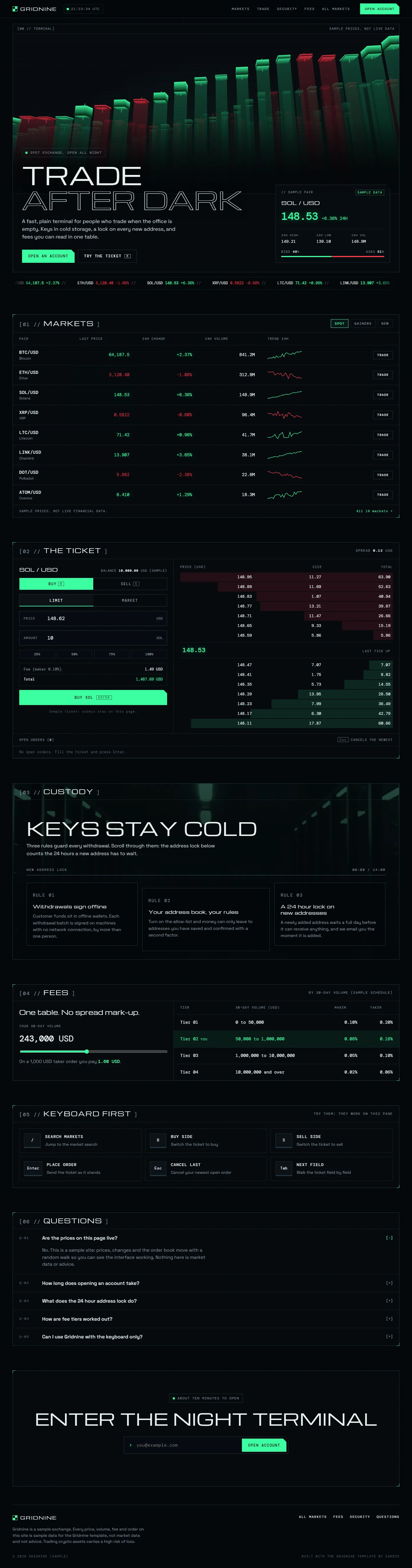 Gridnine home page, dark theme, at 1440 pixels wide