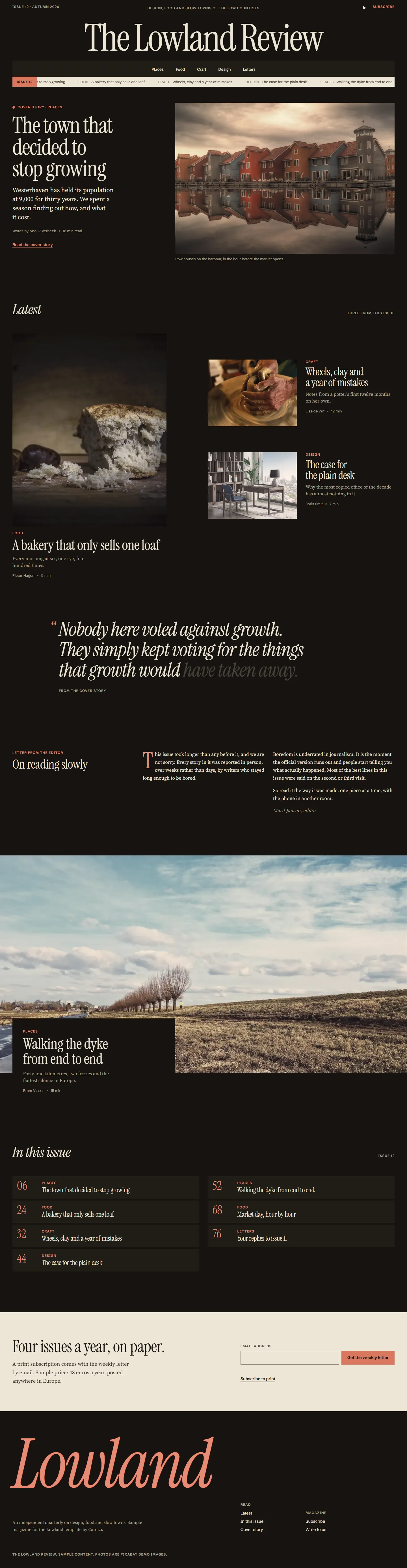 Lowland home page, dark theme, at 1440 pixels wide