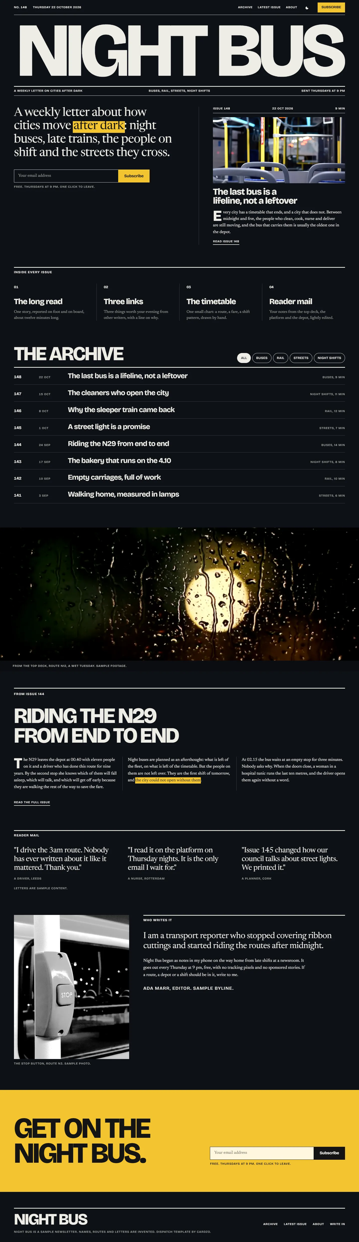 Dispatch home page, dark theme, at 1440 pixels wide