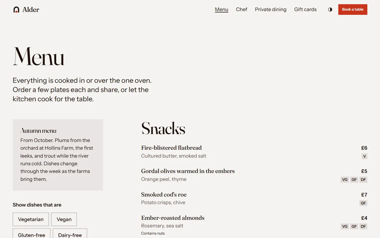 Alder: menu page
