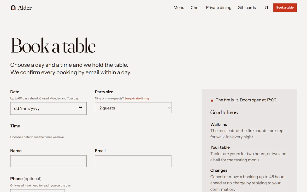 Alder: reservations page