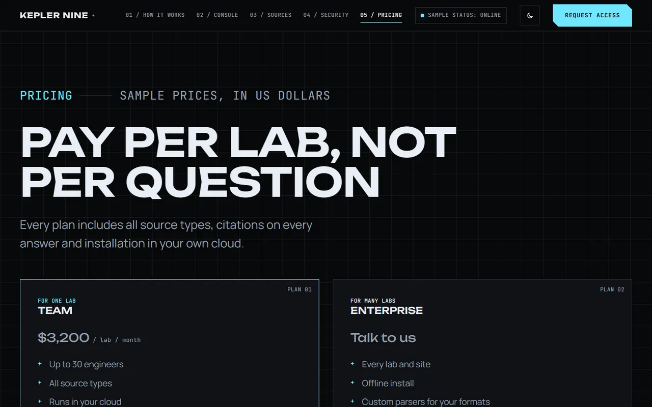 Kepler: pricing page, dark theme