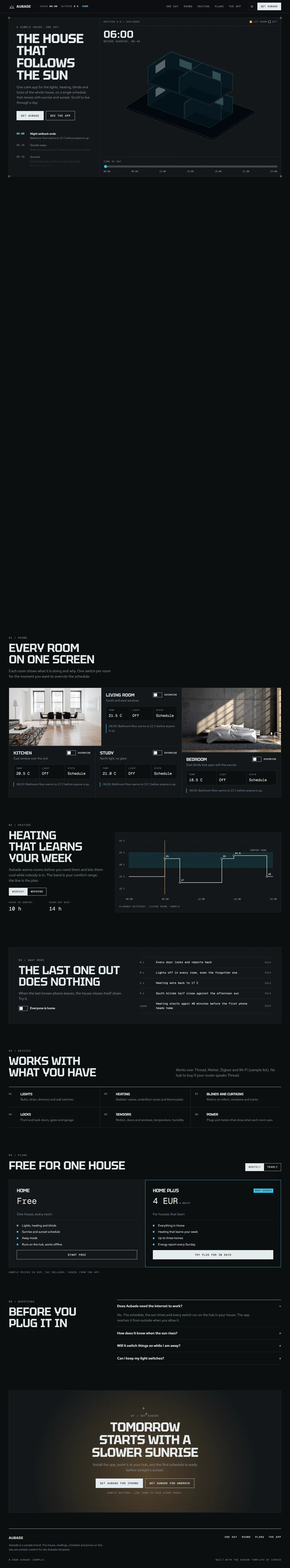 Aubade home page, dark theme, at 1440 pixels wide