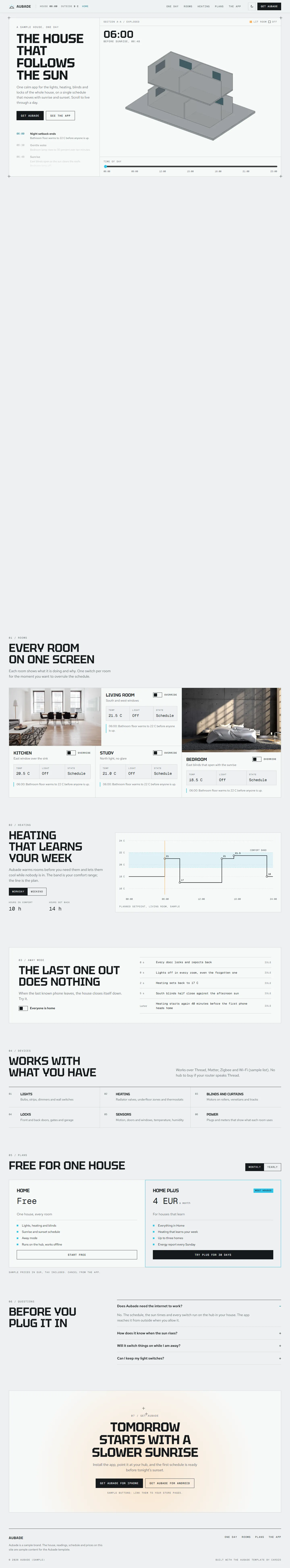 Aubade home page, light theme, at 1440 pixels wide