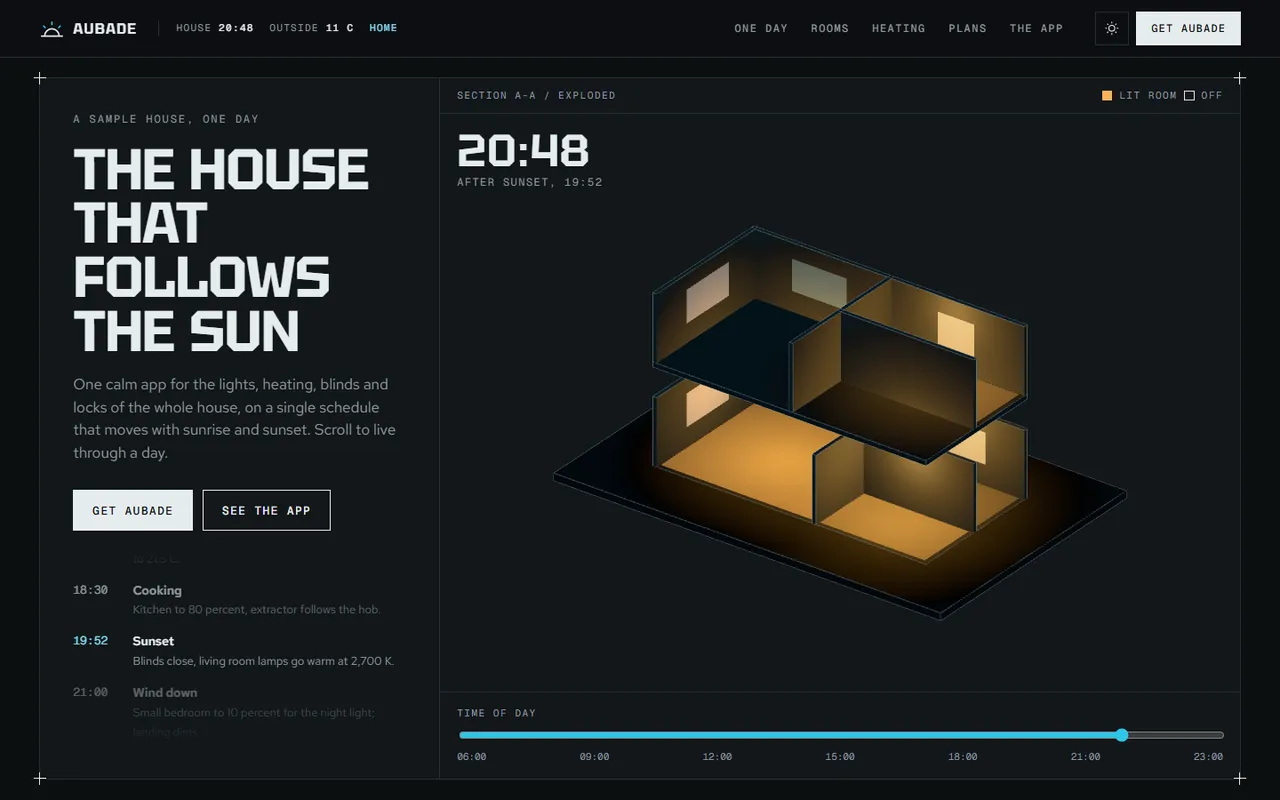 Aubade: night page, dark theme