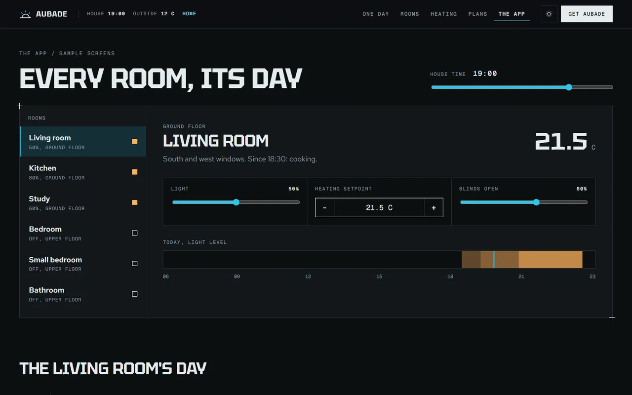 Aubade: rooms page, dark theme