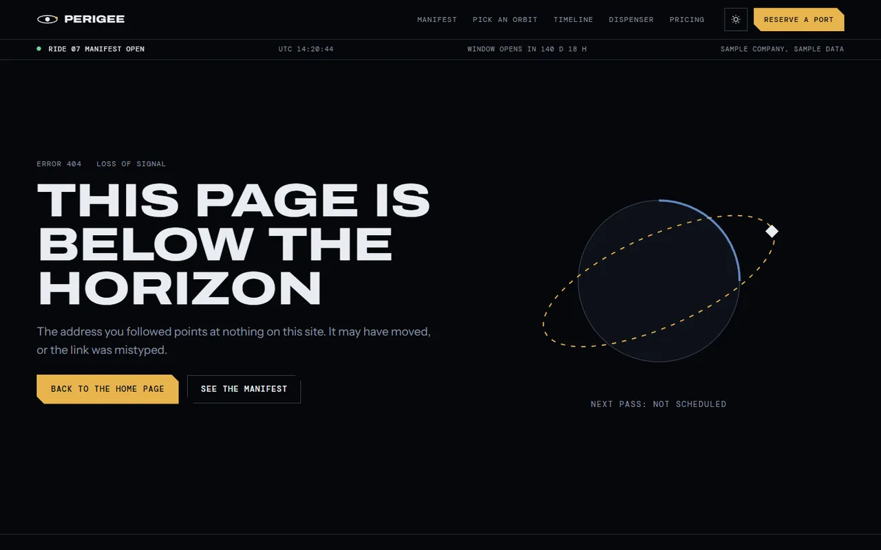 Perigee: 404 page, dark theme