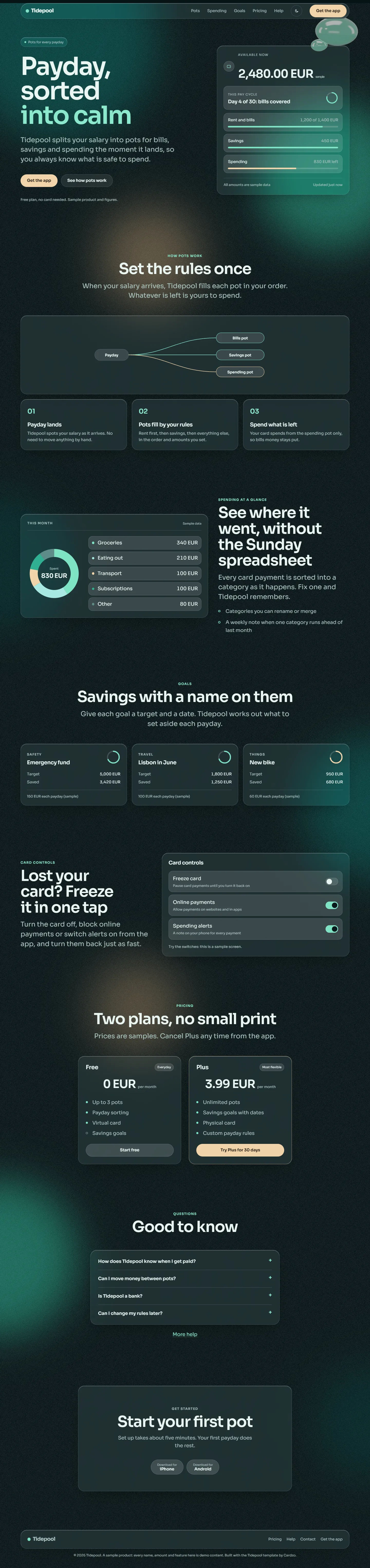 Tidepool home page, dark theme, at 1440 pixels wide