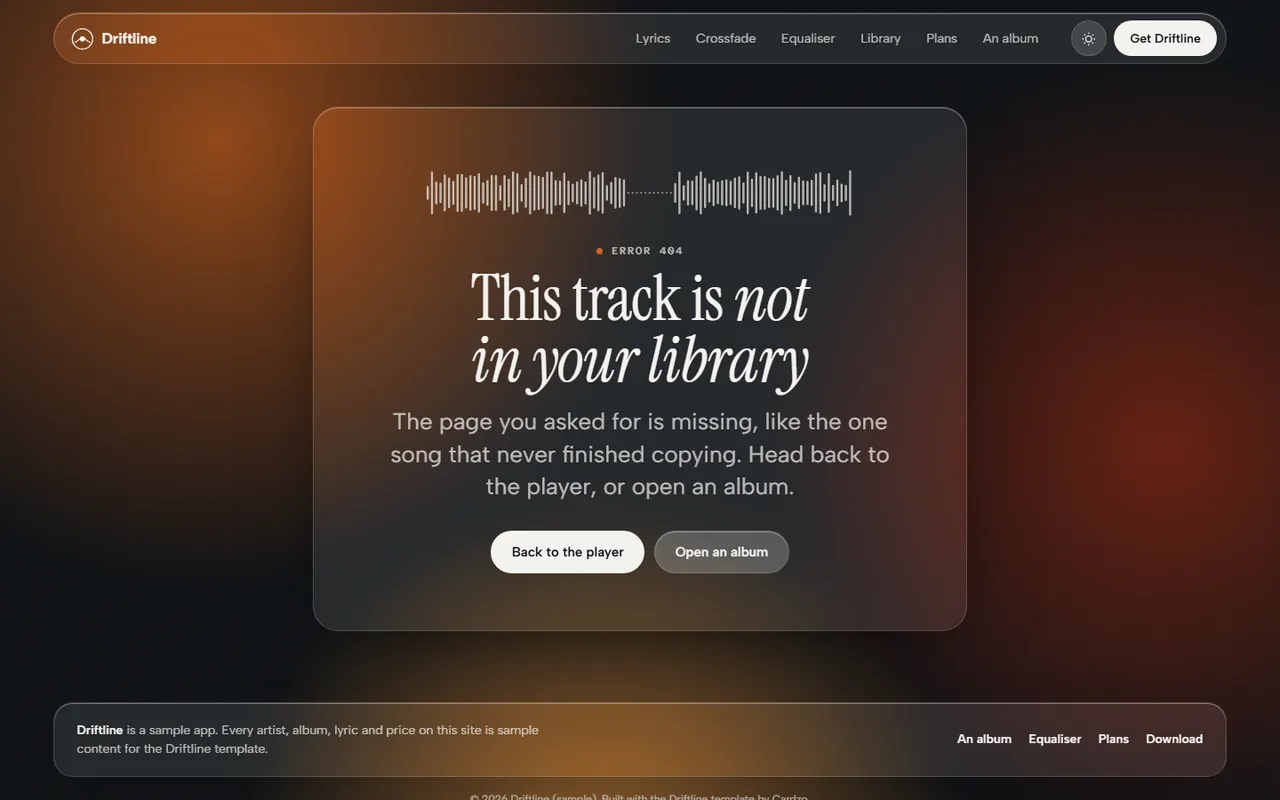 Driftline: 404 page, dark theme