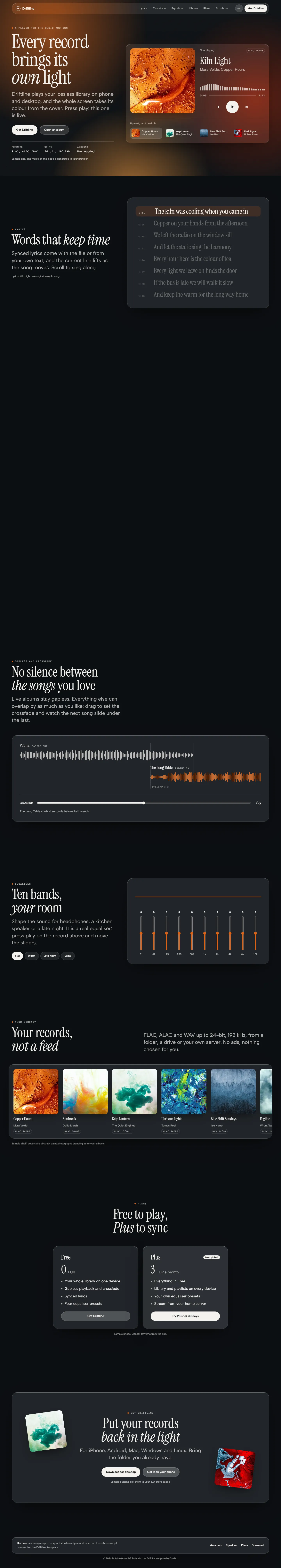 Driftline home page, dark theme, at 1440 pixels wide