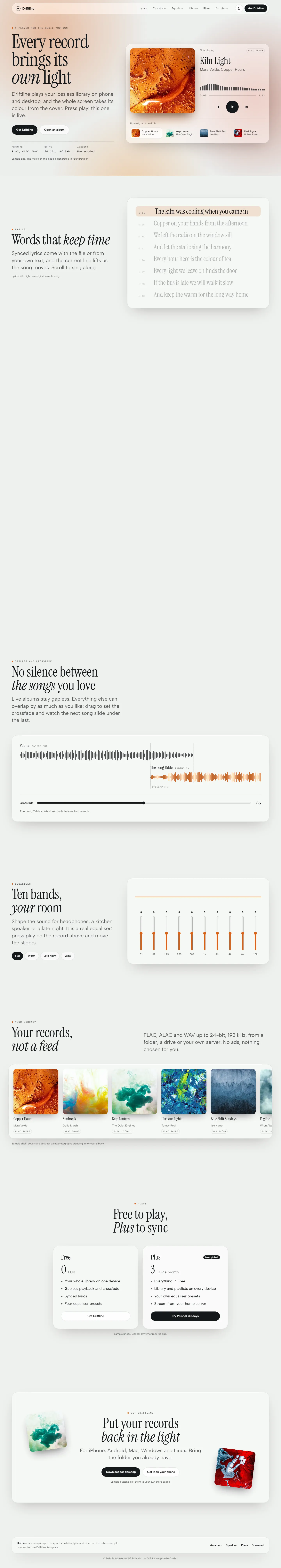Driftline home page, light theme, at 1440 pixels wide
