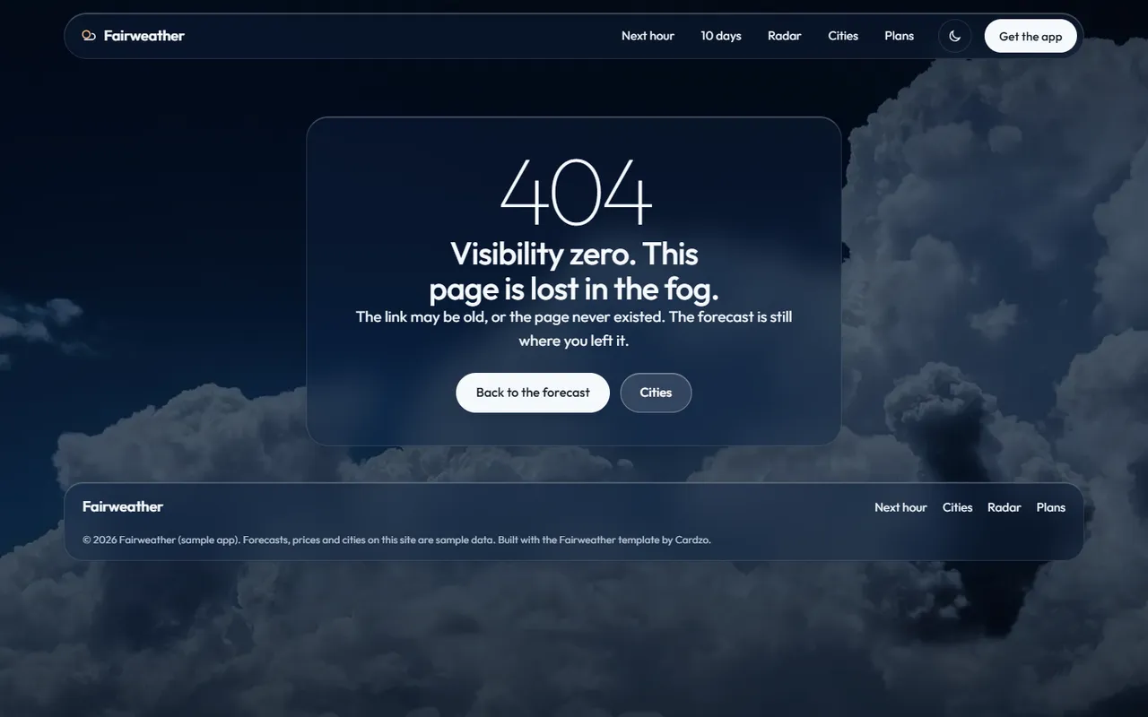Fairweather: 404 page, dark theme