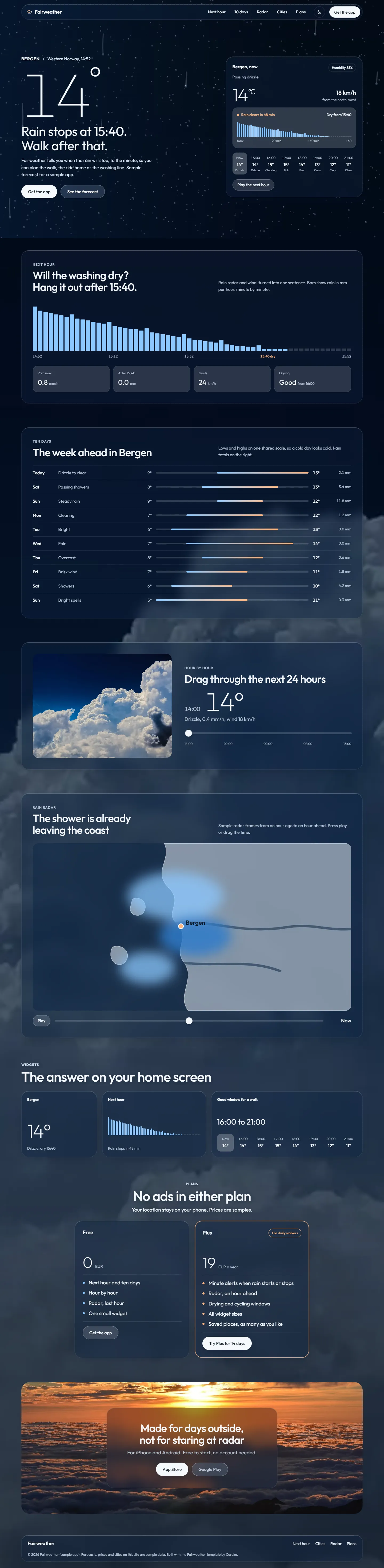 Fairweather home page, dark theme, at 1440 pixels wide