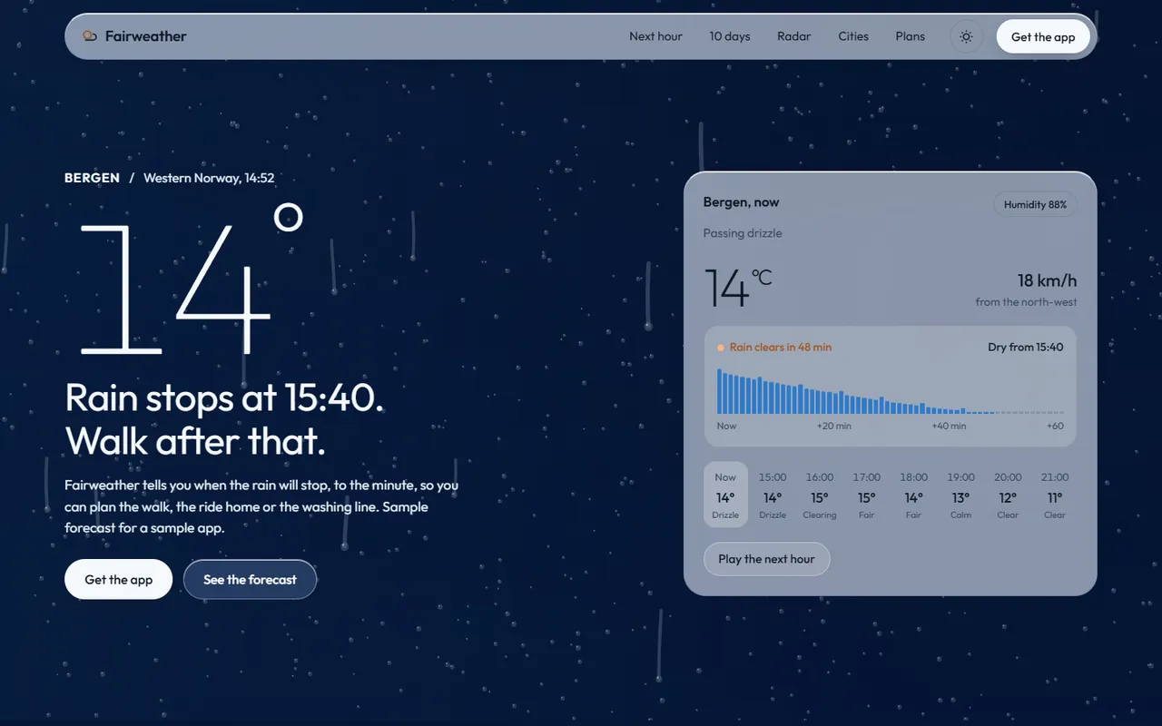 Fairweather home page, light theme