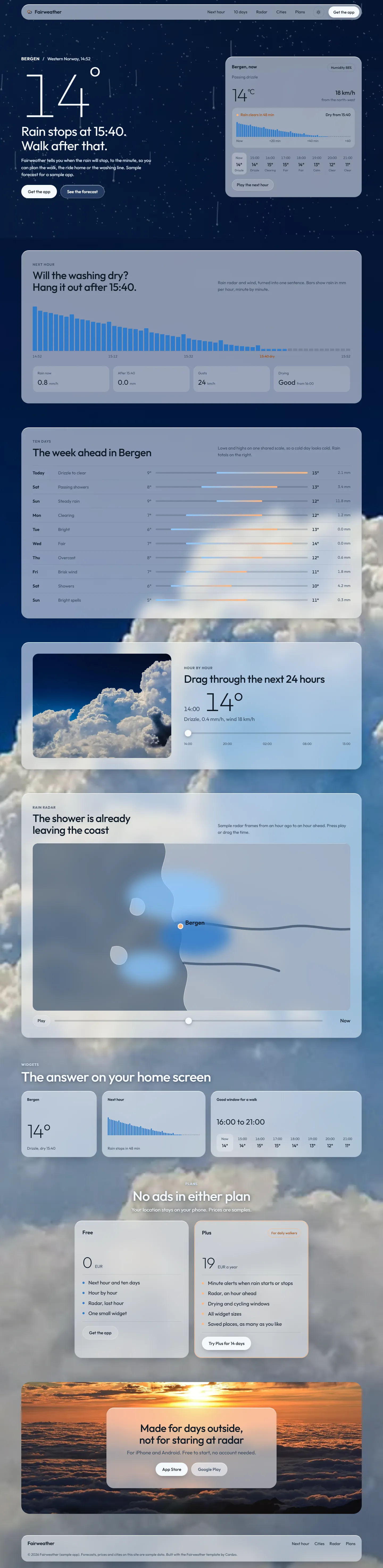 Fairweather home page, light theme, at 1440 pixels wide