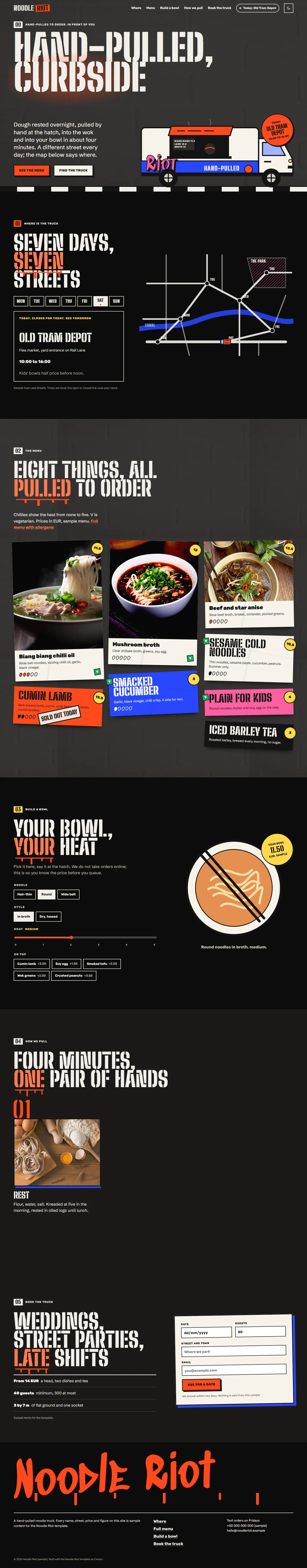 Noodle Riot home page, dark theme, at 1440 pixels wide