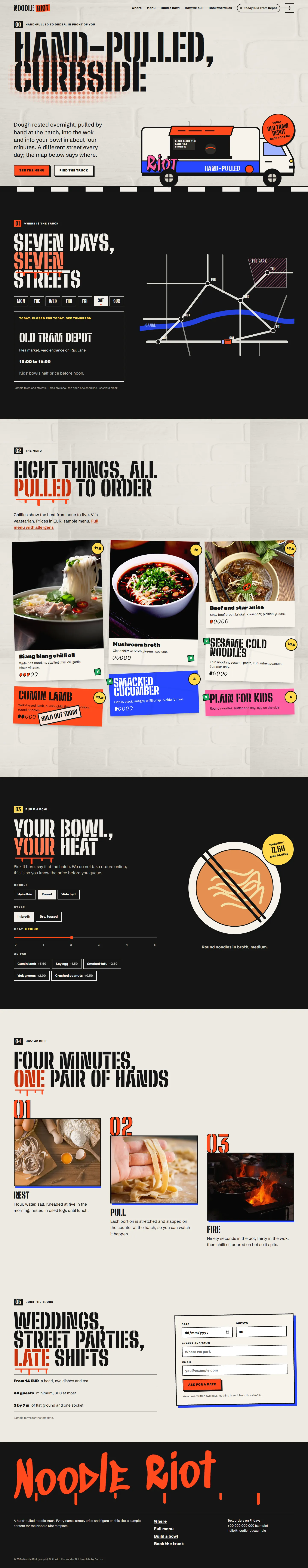 Noodle Riot home page, light theme, at 1440 pixels wide